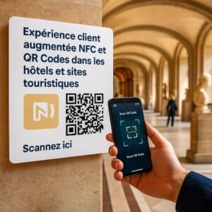 Chevalet NFC avec QR Code sur le comptoir d’un hôtel, client scannant avec son smartphone