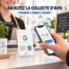 Client scannant une carte NFC Avis Google au comptoir d'un commerce