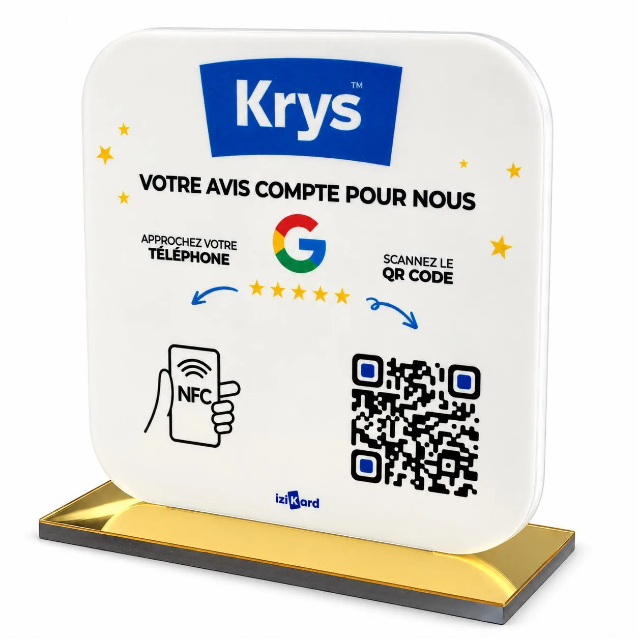 Chevalet acrylique NFC Avis Google sur socle bois, personnalisé au logo de l'enseigne