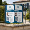 Panneau immobilier en V connecté, deux faces avec QR code, posé sur une clôture