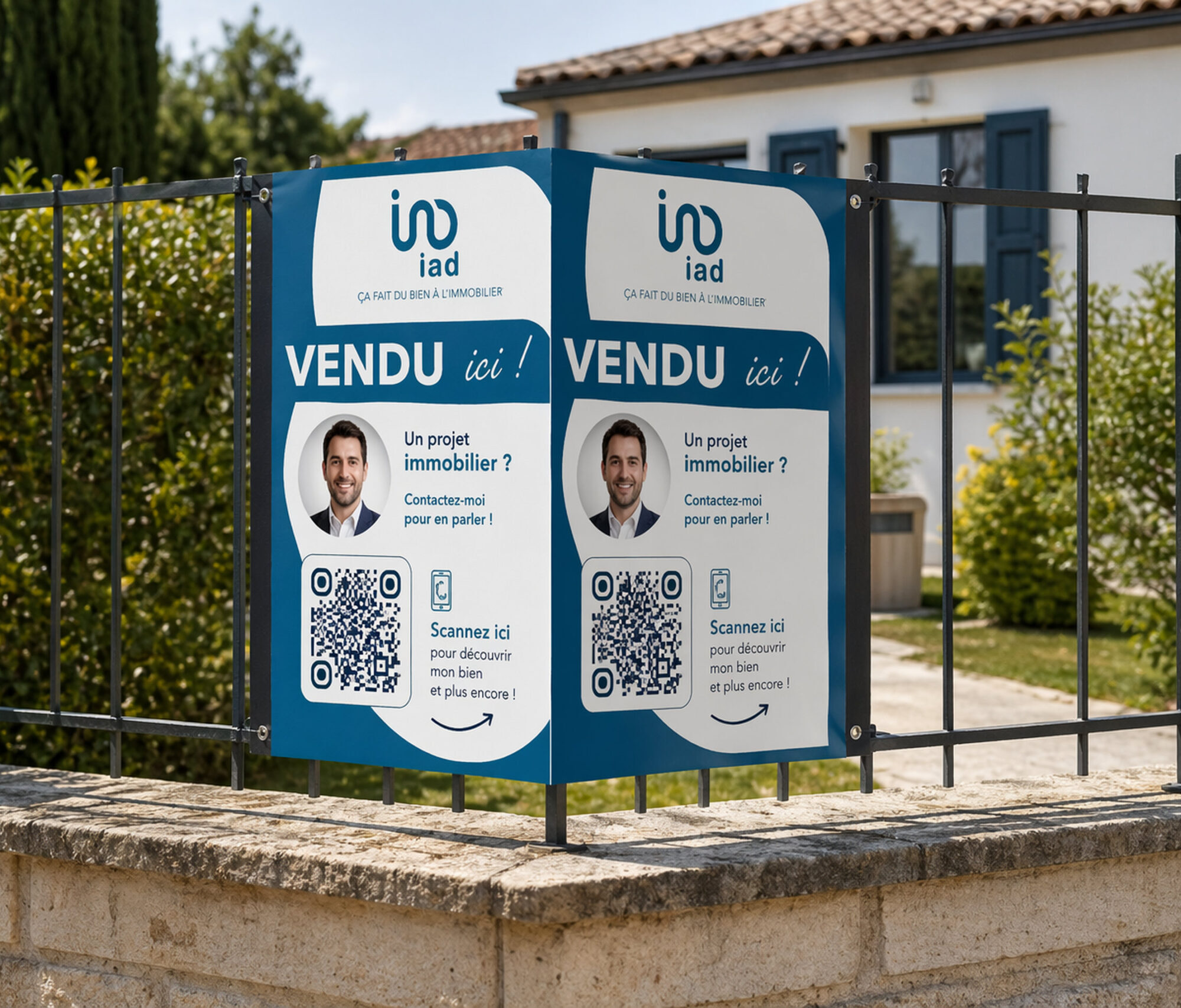 Panneau immobilier en V connecté, deux faces avec QR code, posé sur une clôture
