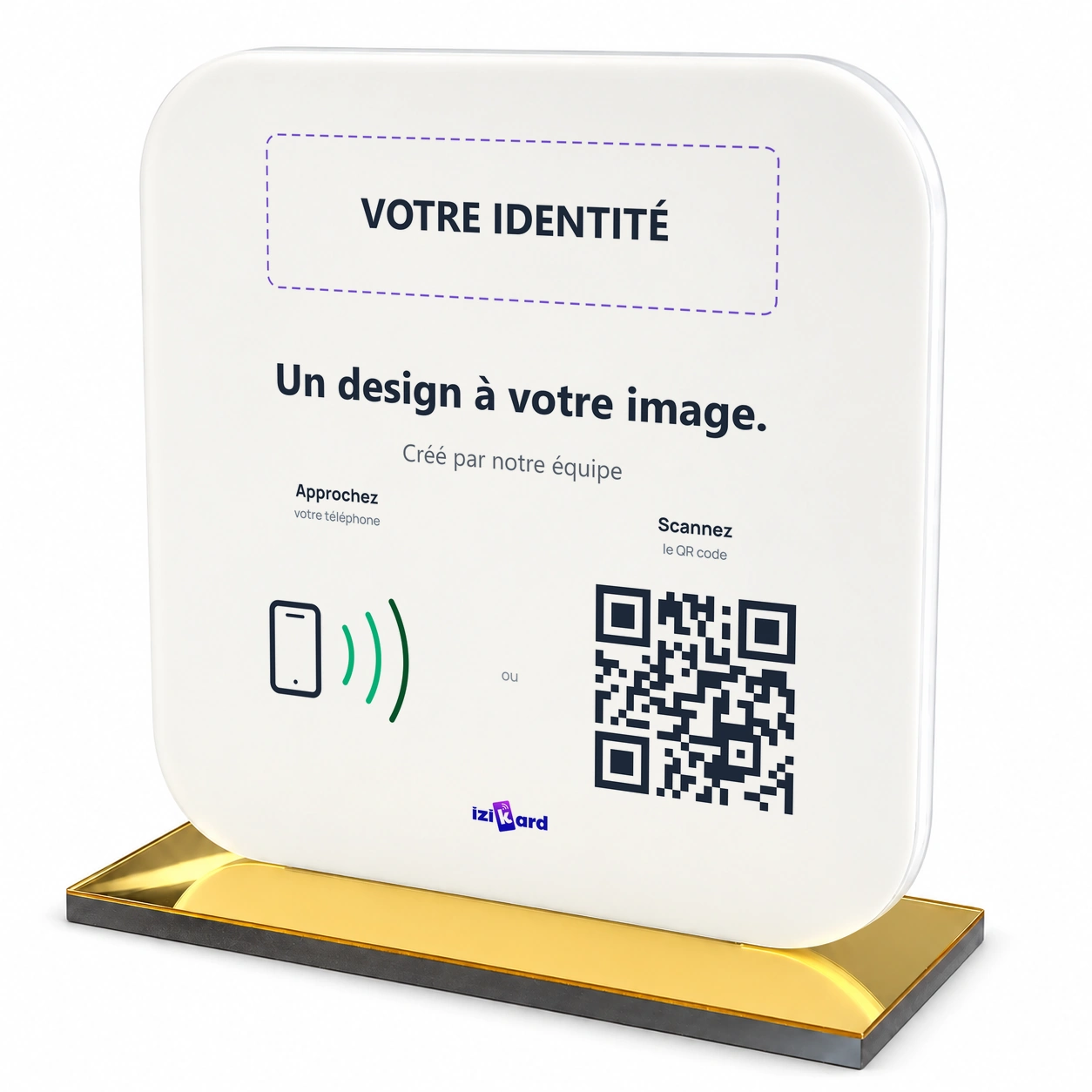 Chevalet acrylique NFC — création graphique par notre équipe