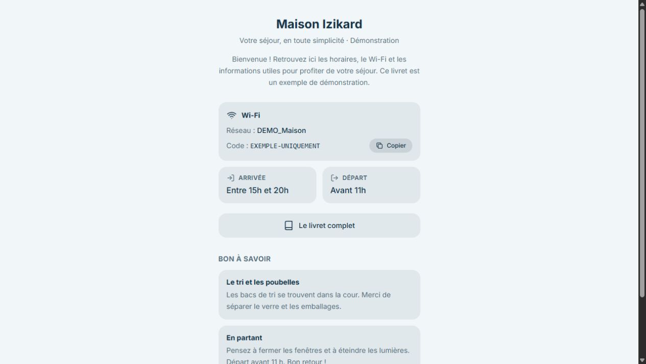 Livret IZIGUEST de démonstration : bienvenue, Wi-Fi et horaires d’arrivée et de départ.