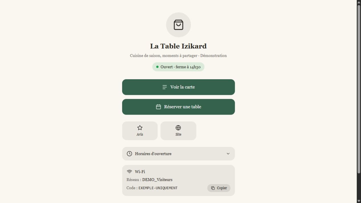 Page IZIRESTO de démonstration : menu, réservation, avis, horaires et Wi-Fi invité.