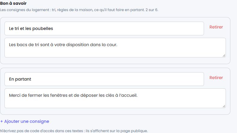 Capture des réglages IZIGUEST : ajouter et modifier les consignes du logement, exemple fictif.