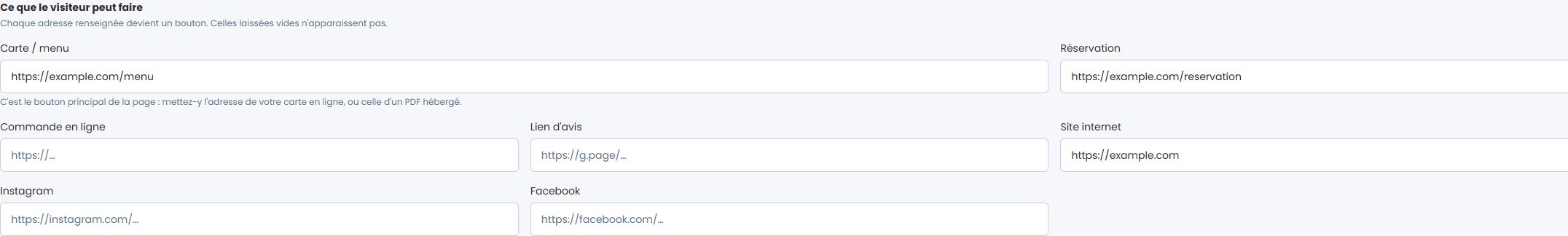 Capture des réglages IZIRESTO : menu, réservation, commande, avis, site et réseaux sociaux, avec liens de démonstration.